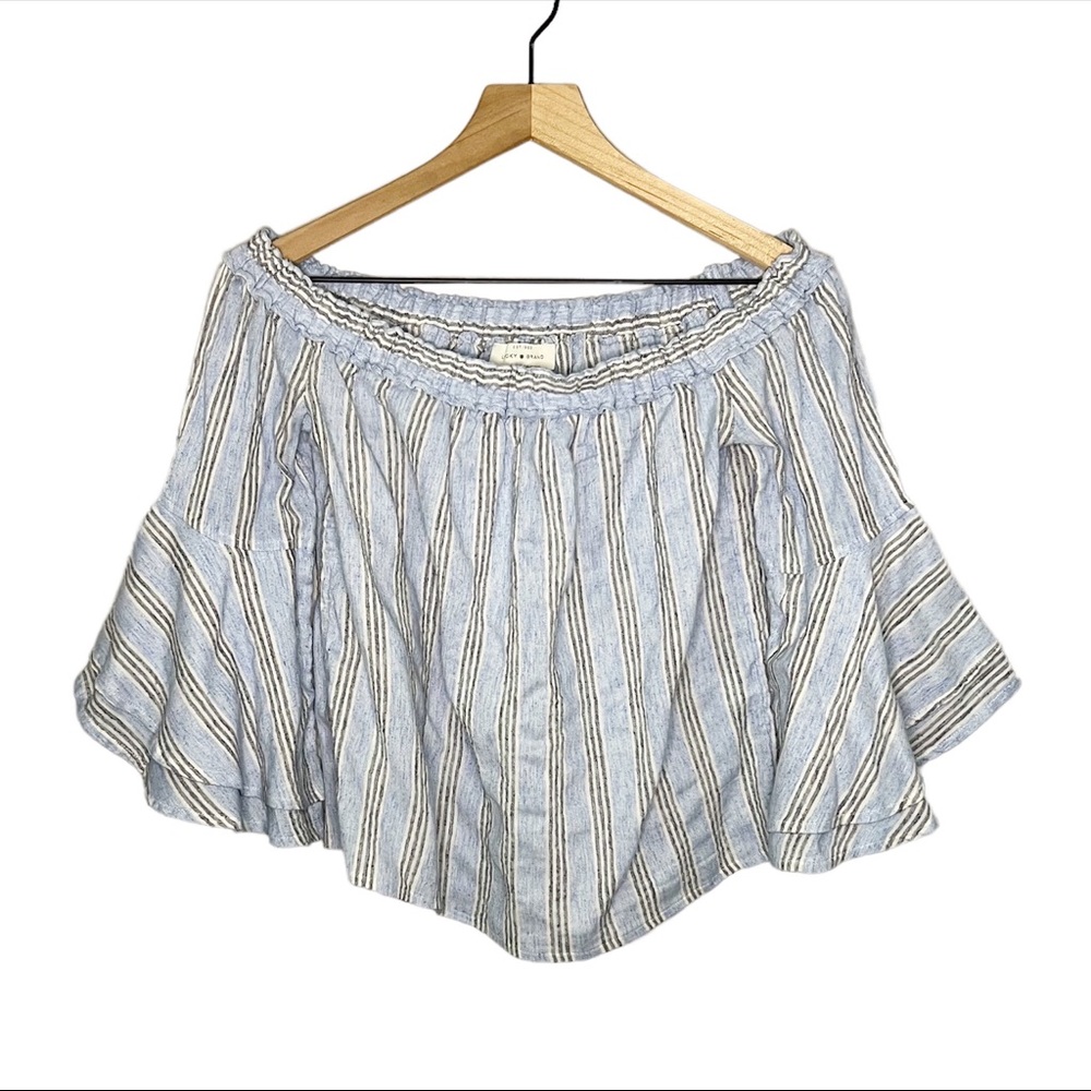 Lucky Brand Striped Bell Sleeve Off the Shoulder Cropped Top in Blue XS